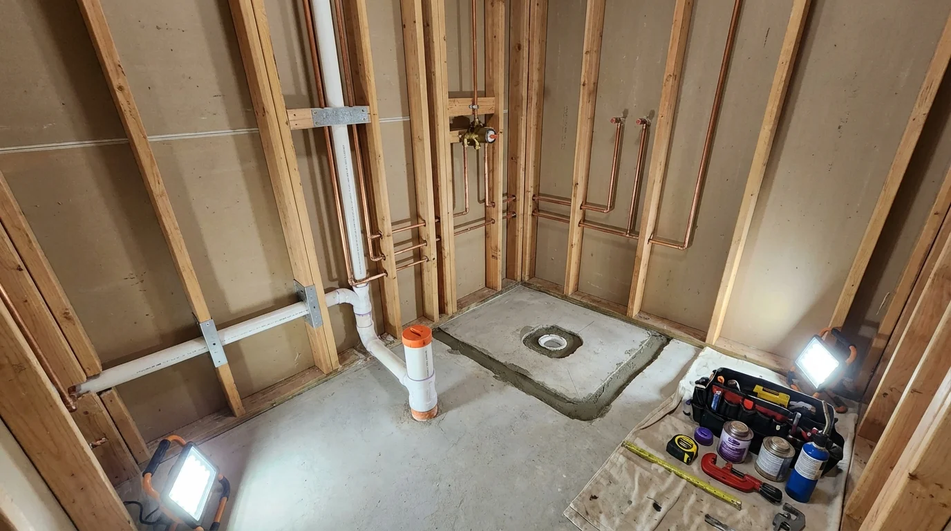 Bathroom rough-in plumbing during remodel by Johns Plumbing LLC in West Hurley
