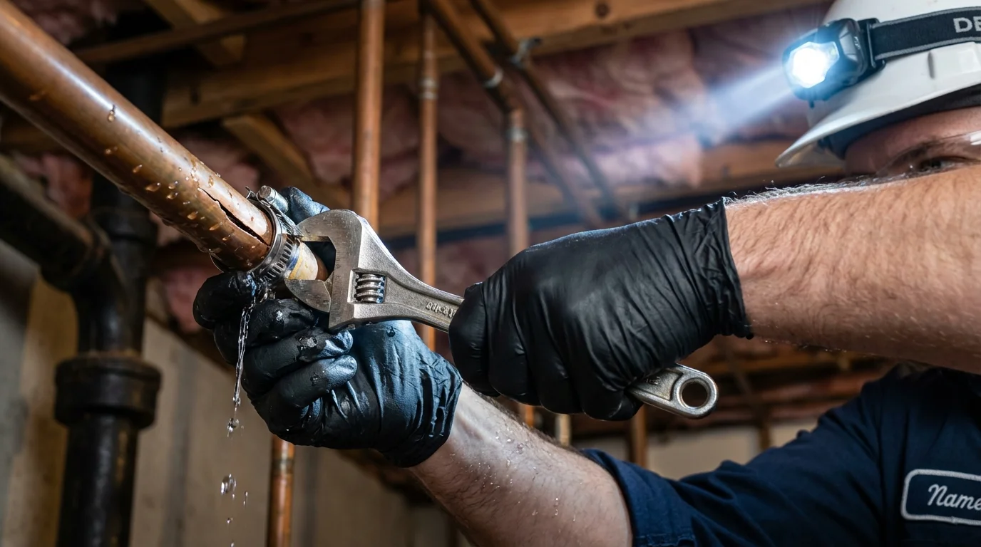 Emergency pipe clamp repair being performed by a Johns Plumbing LLC plumber in West Hurley
