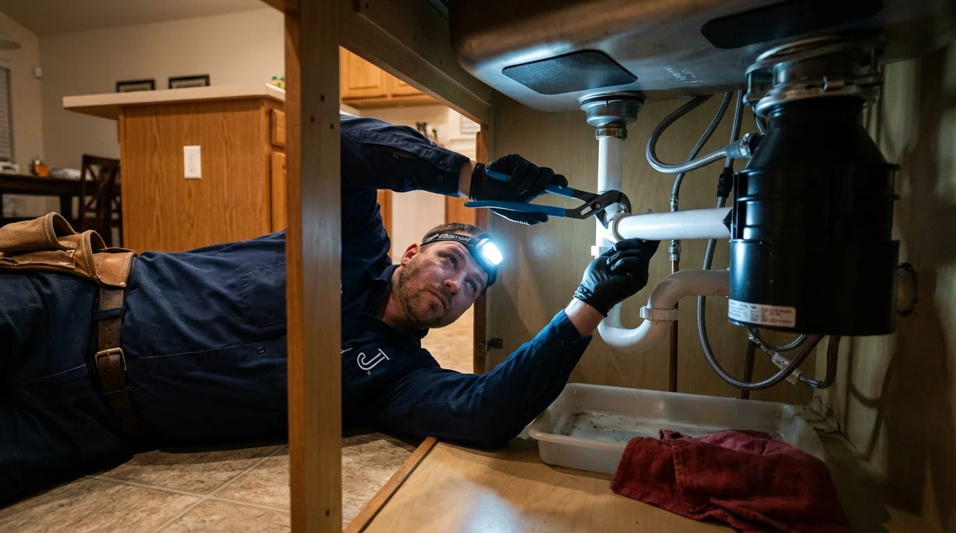 P-trap and supply line connections under a kitchen sink showing a common leak point in West Hurley, NY